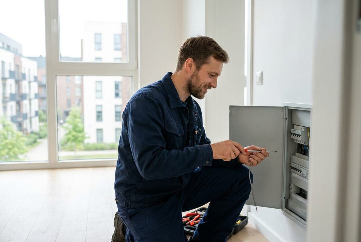 Elektrikas Kaune dirba prie modernios elektros skydinės bute