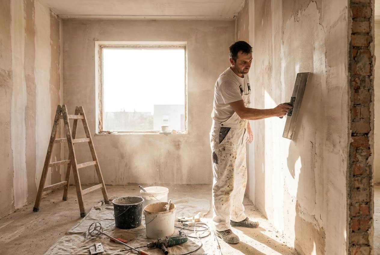 Apdailininkas glaisto sieną renovuojamame bute Kaune