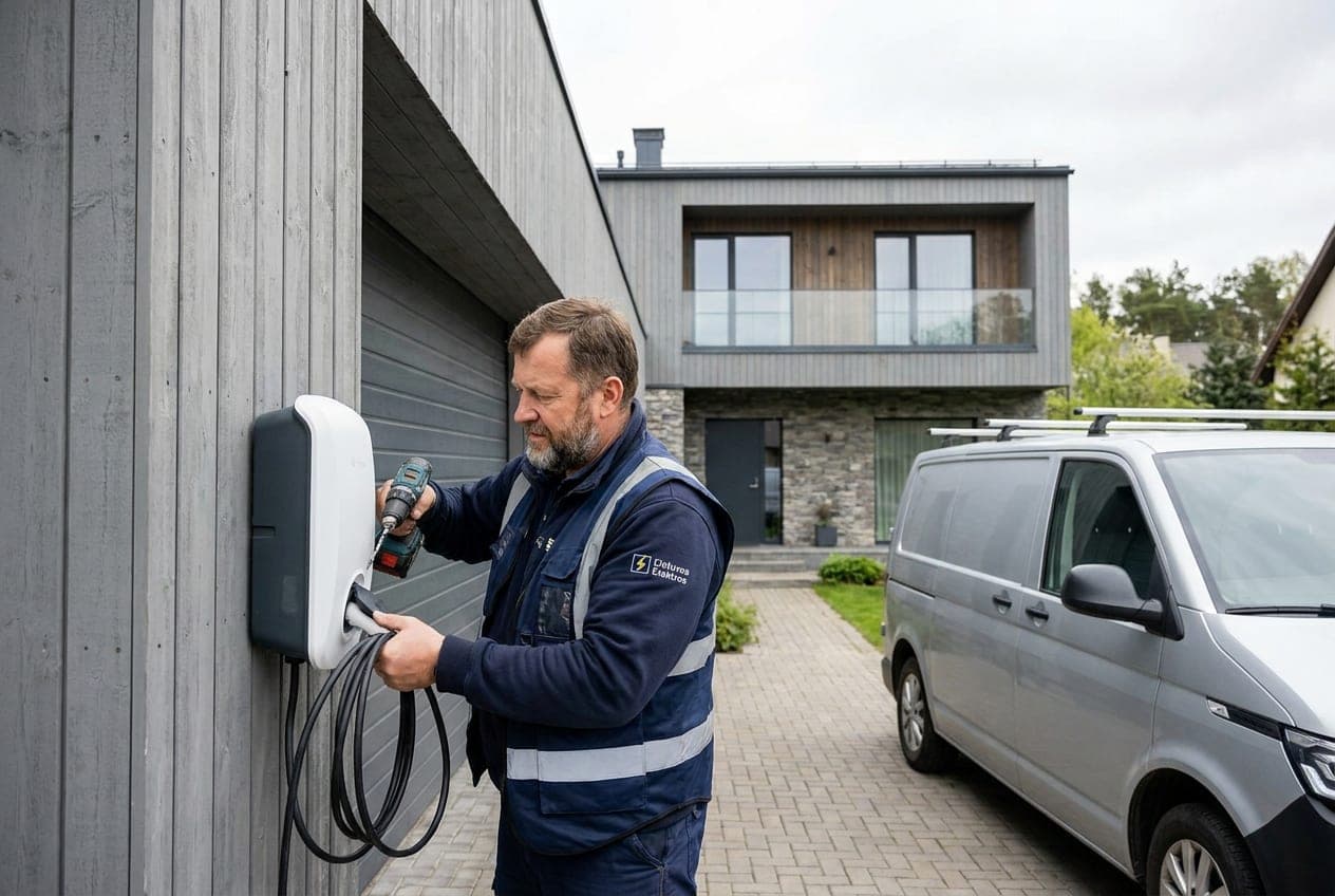 Elektrikas Klaipėdoje montuoja elektromobilio įkrovimo stotelę