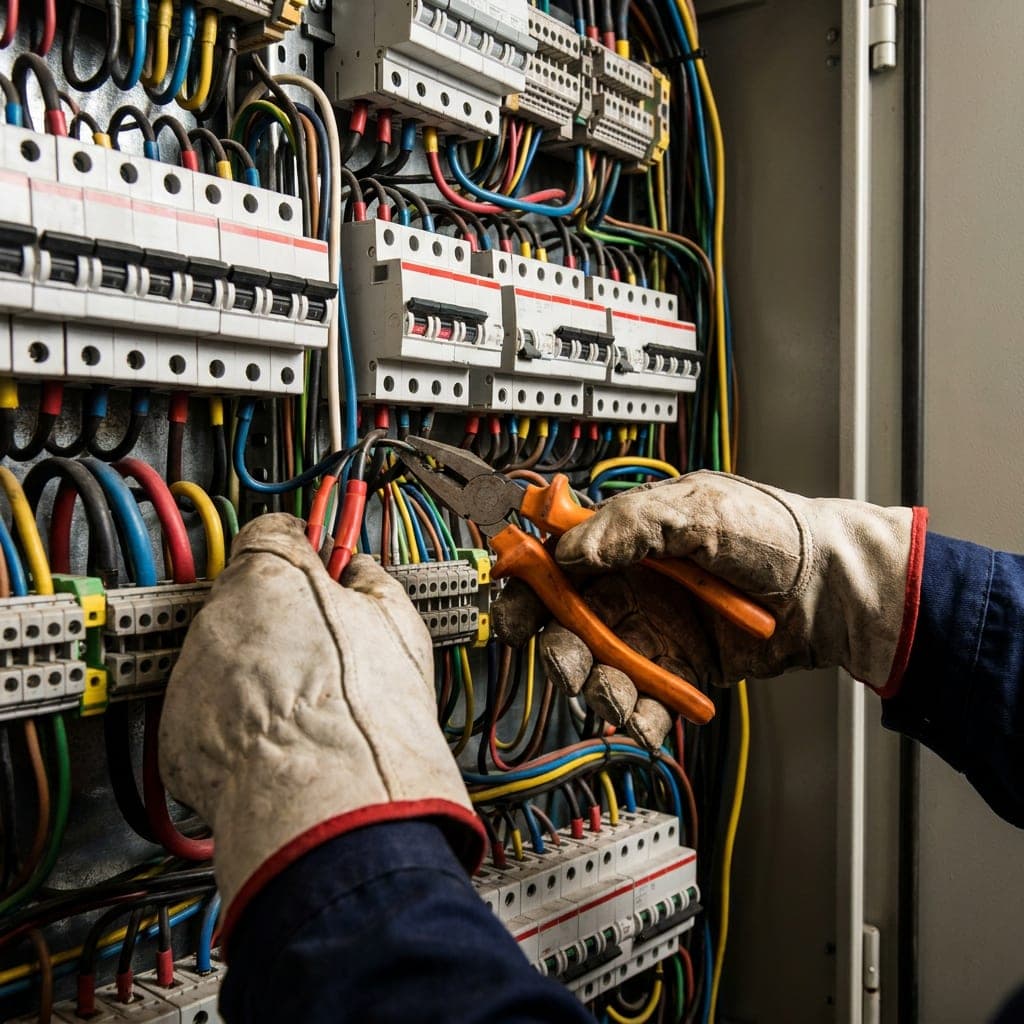 Elektriko rankos dirba prie elektros skaitiklio spintos