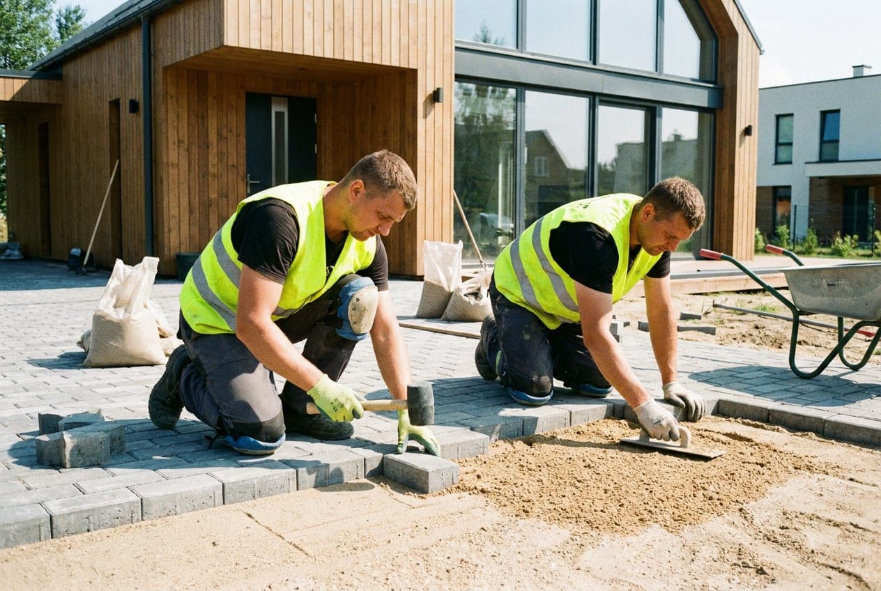 Meistrai kloja betonines trinkeles įvažiavime prie namo Kaune