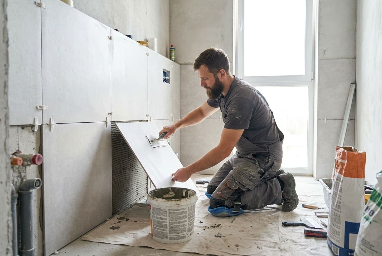 Plytelių klojėjas klijuoja sienines plyteles modernioje vonioje Kaune