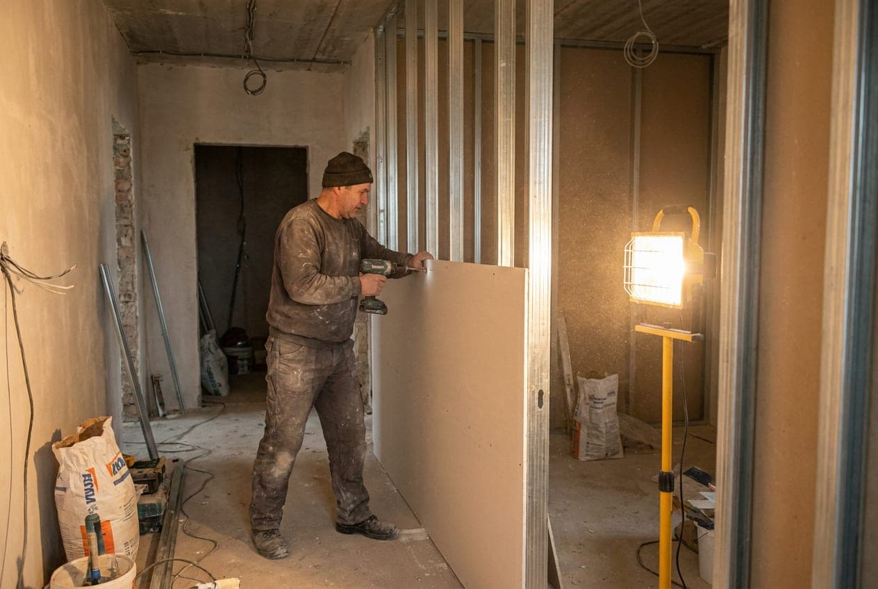 Meistras montuoja gipso kartono plokštę ant metalinio karkaso Kaune