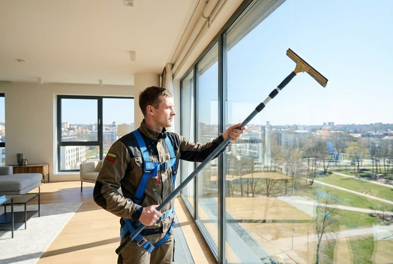 Specialistas valo didelį langą valytuvu šviesiame bute Kaune