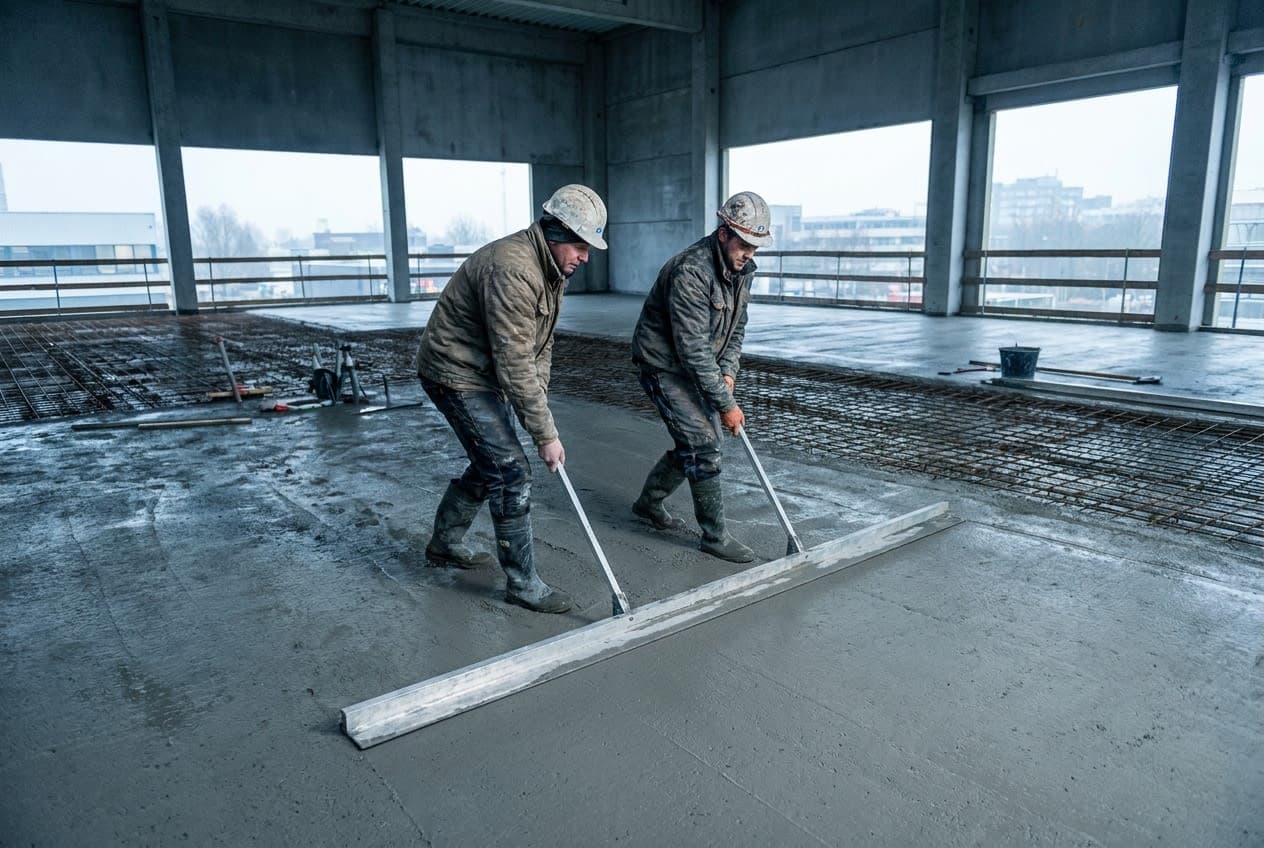 Darbininkai lygina šviežią betoną ilga lyginimo lentja Kaune