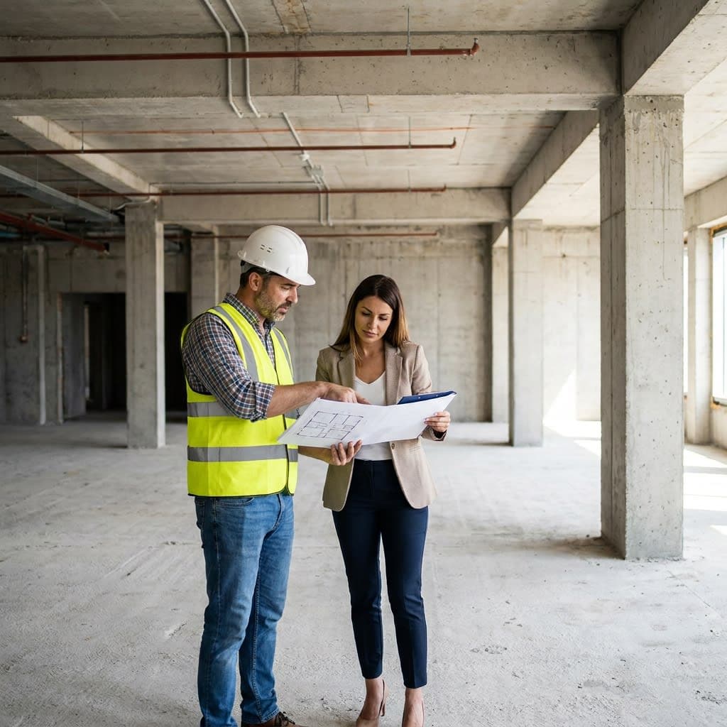 Meistras aptaria grindų betonavimo planą su klientu objekte