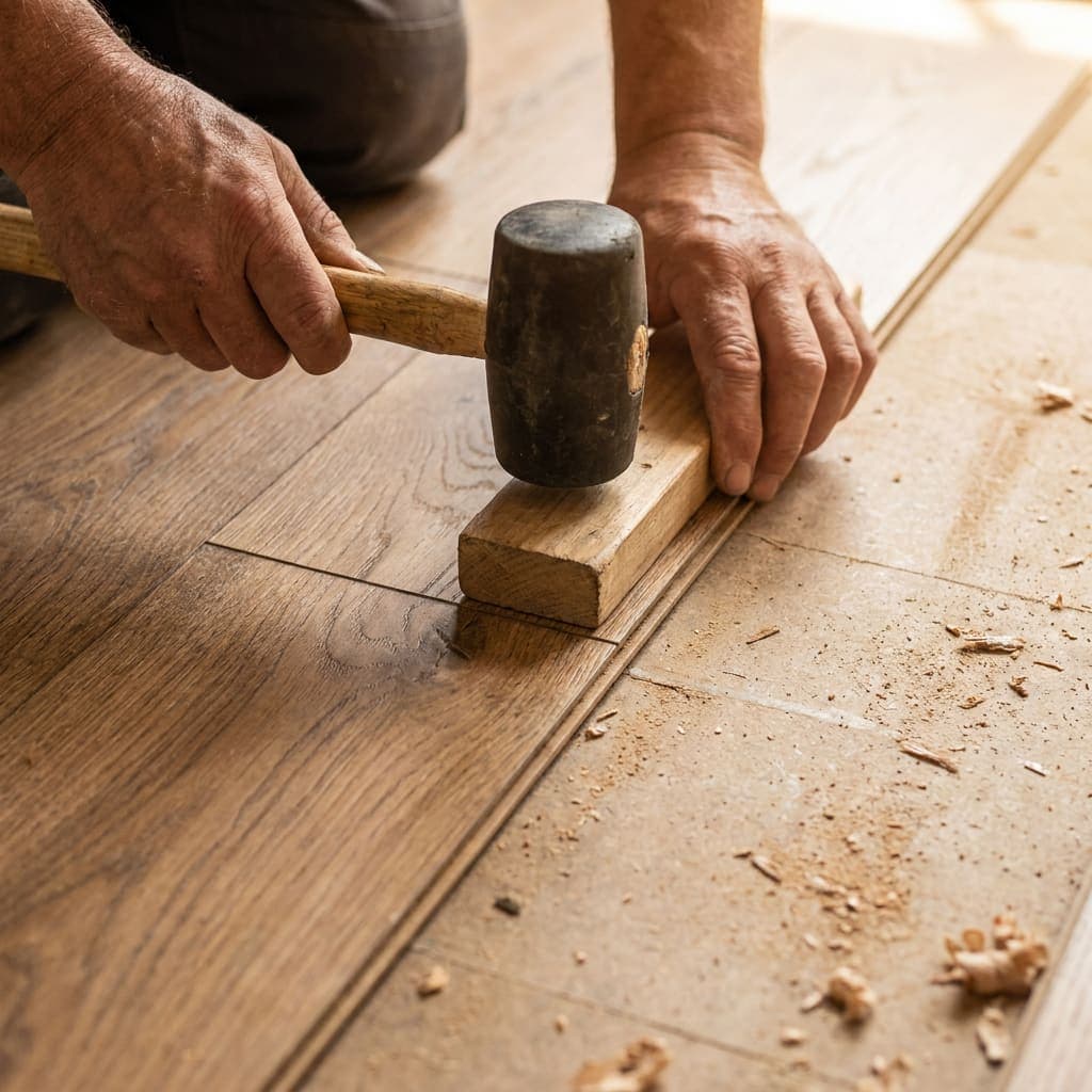 Rankos prikala laminato lentą su prikalimo trinkele