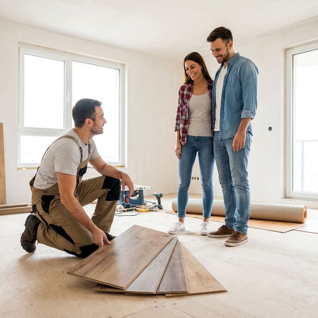 Grindų specialistas rodo laminato pavyzdžius klientams