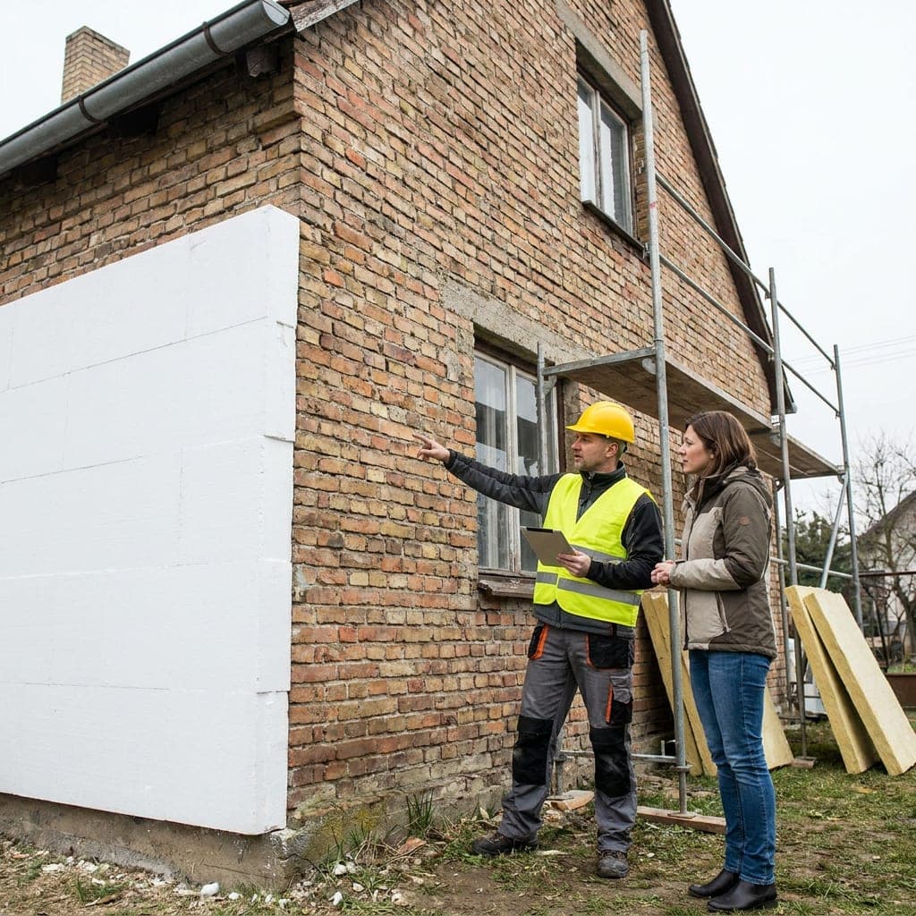 Fasado meistras aiškina šiltinimo planą namo savininkui