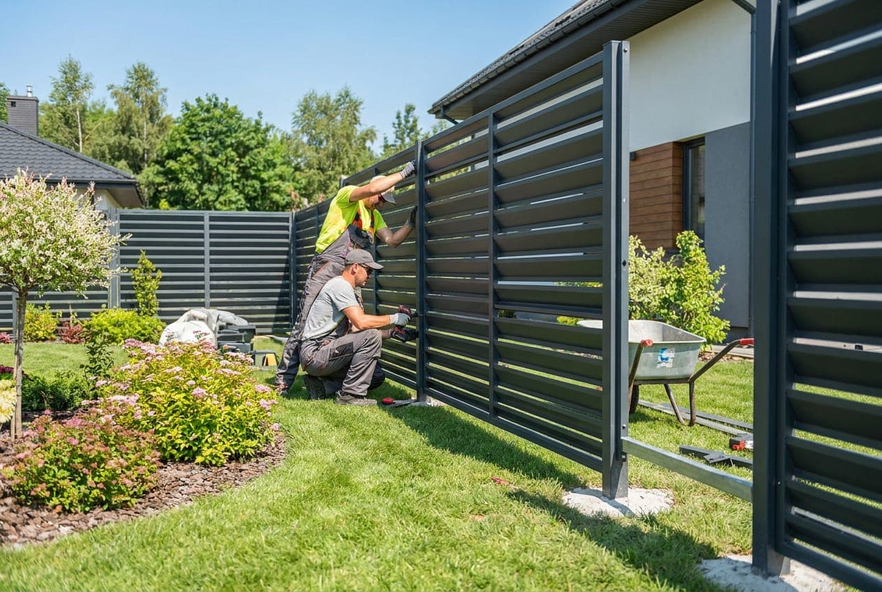 Darbininkai montuoja modernią metalinę tvorą sklypo pakraštyje Kaune