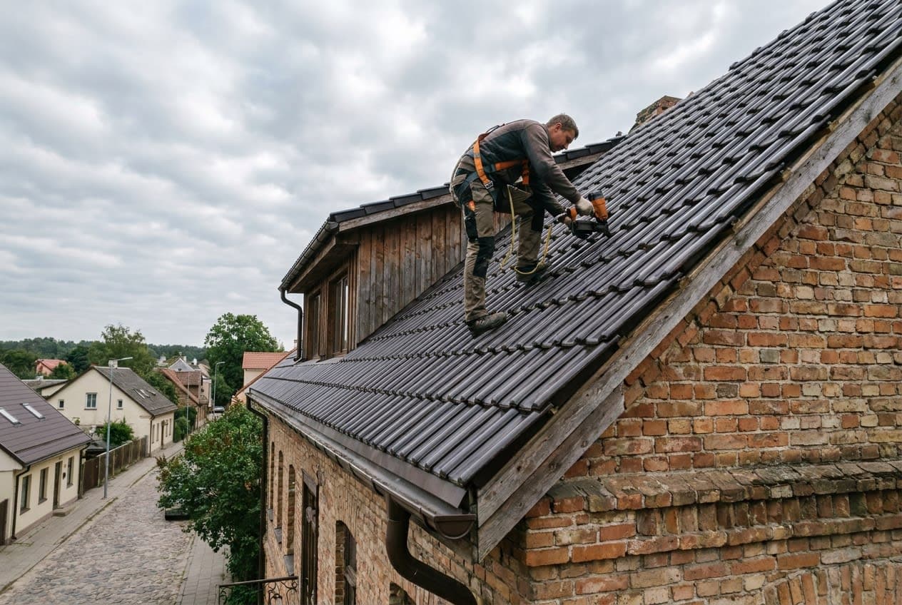 Stogdengys tvirtina keramines čerpes ant šlaitinio stogo Vilniuje