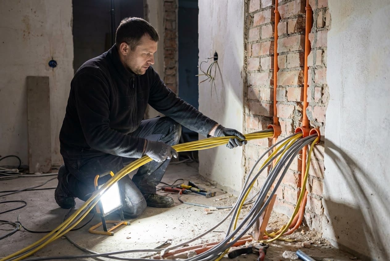Elektrikas veda kabelius gofroje renovuojamo buto sienose Kaune