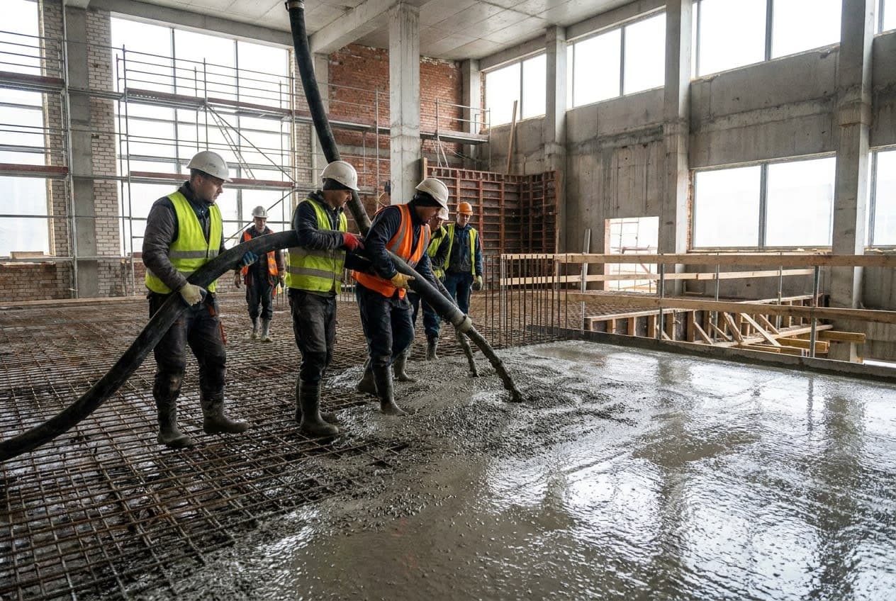 Darbininkai pila betoną iš siurblio žarnos ant armuotų grindų Vilniuje