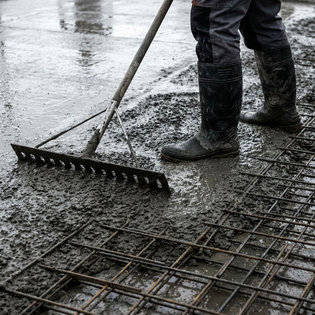 Grėblys skleidžia šviežią betoną ant armatūros tinklo