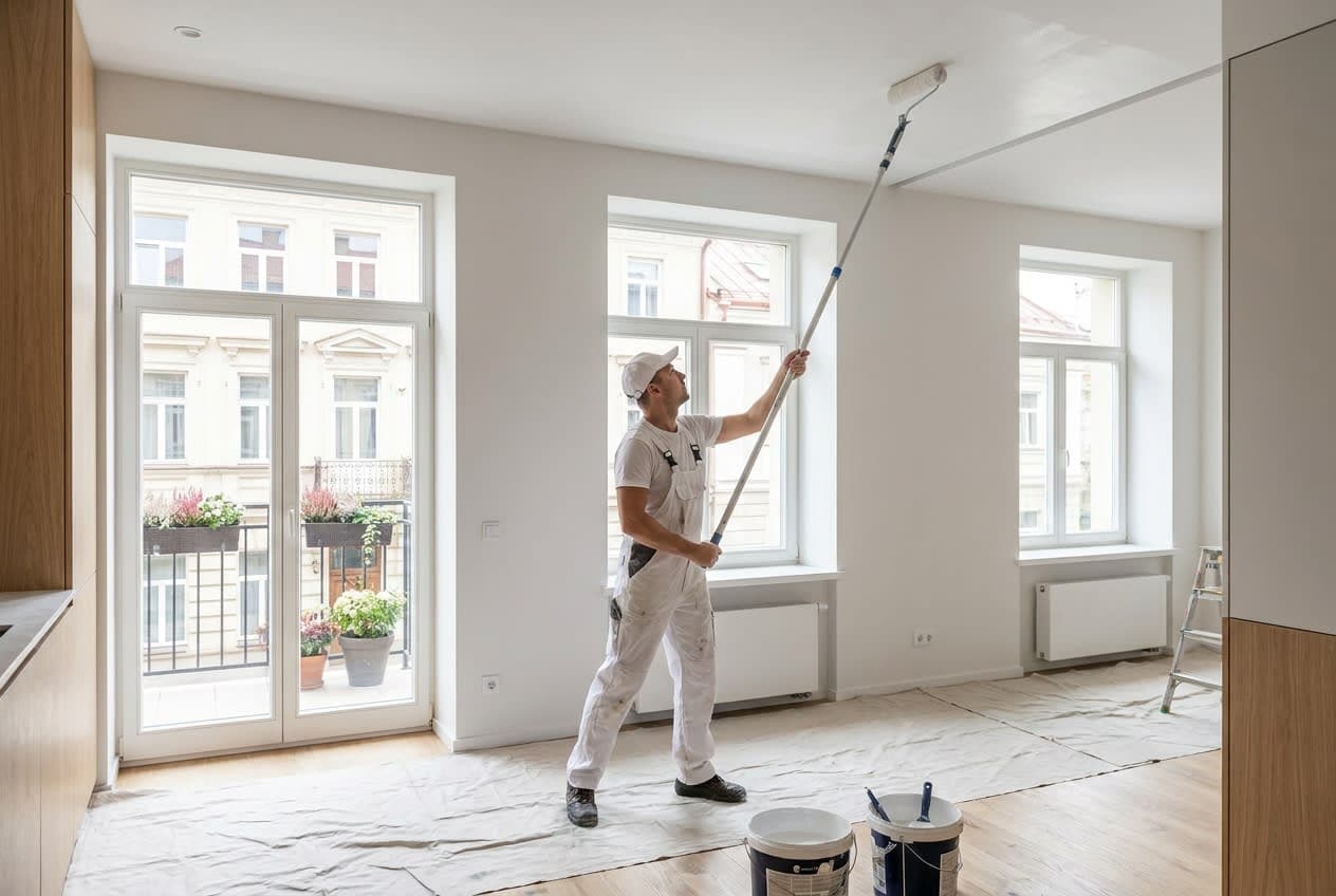 Dažytojas voleliu dažo lubas šviesiame renovuotame Vilniaus bute