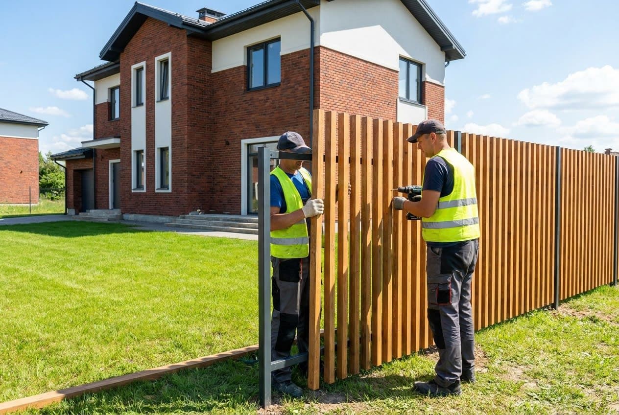 Darbininkai montuoja modernią medinių tašelių tvorą sklype Vilniuje