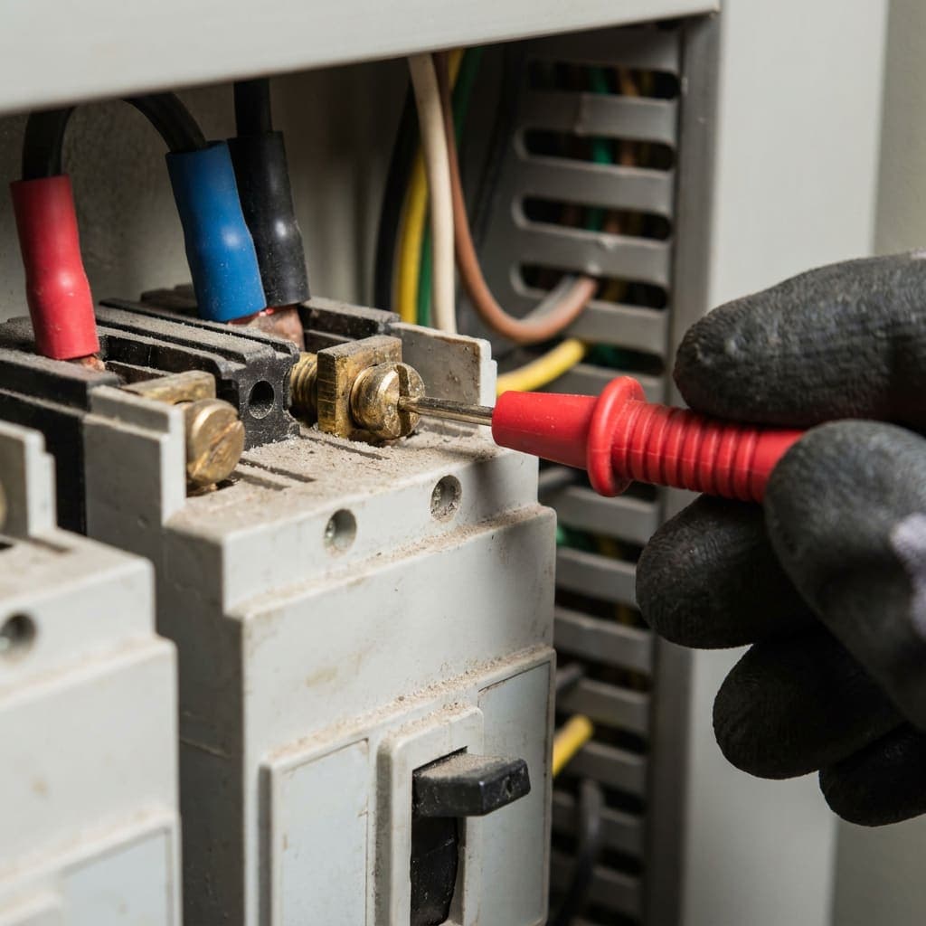 Elektriko ranka su multimetro zondu prie automato gnybto