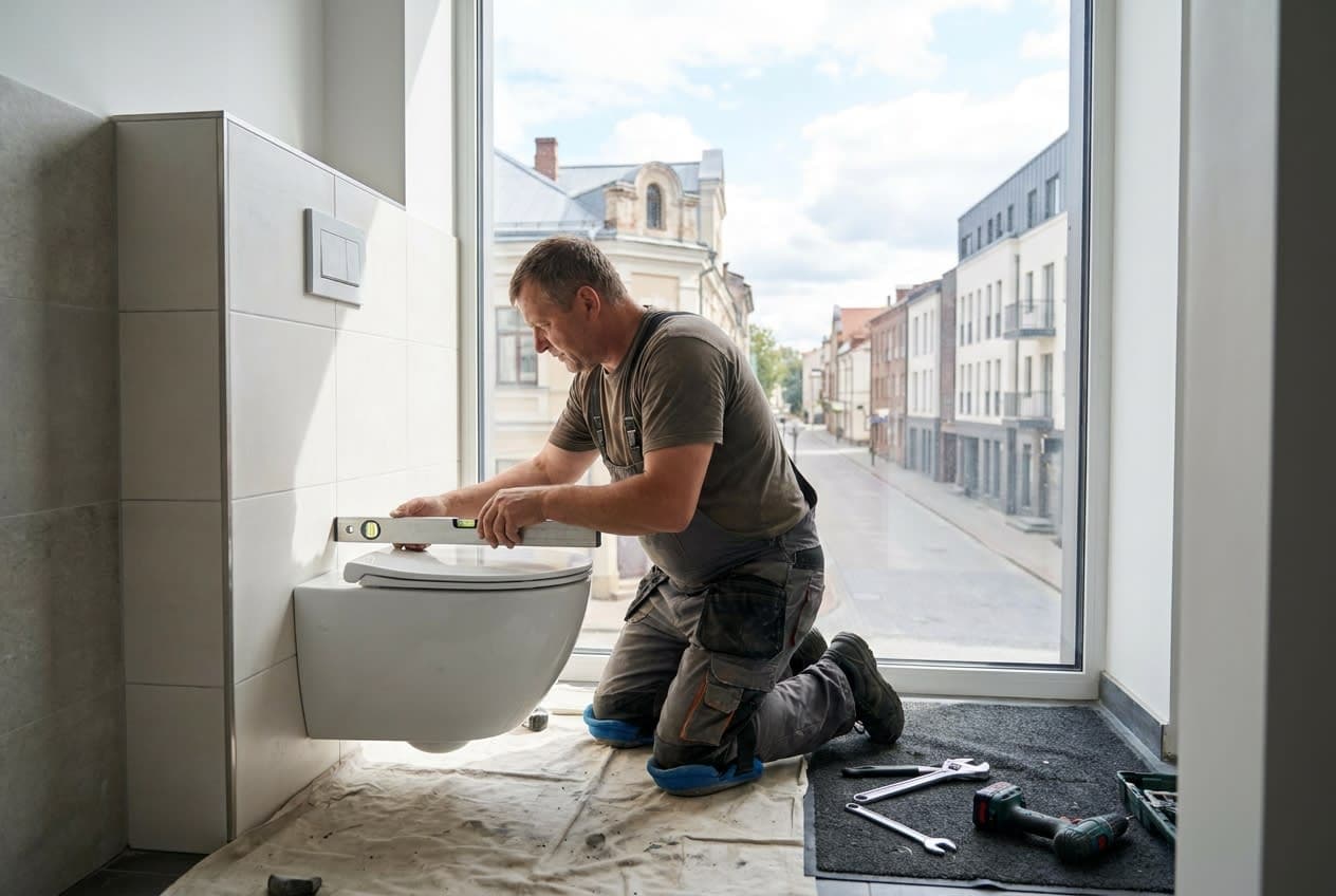 Santechnikas Panevėžyje montuoja pakabinamą klozetą modernioje vonioje