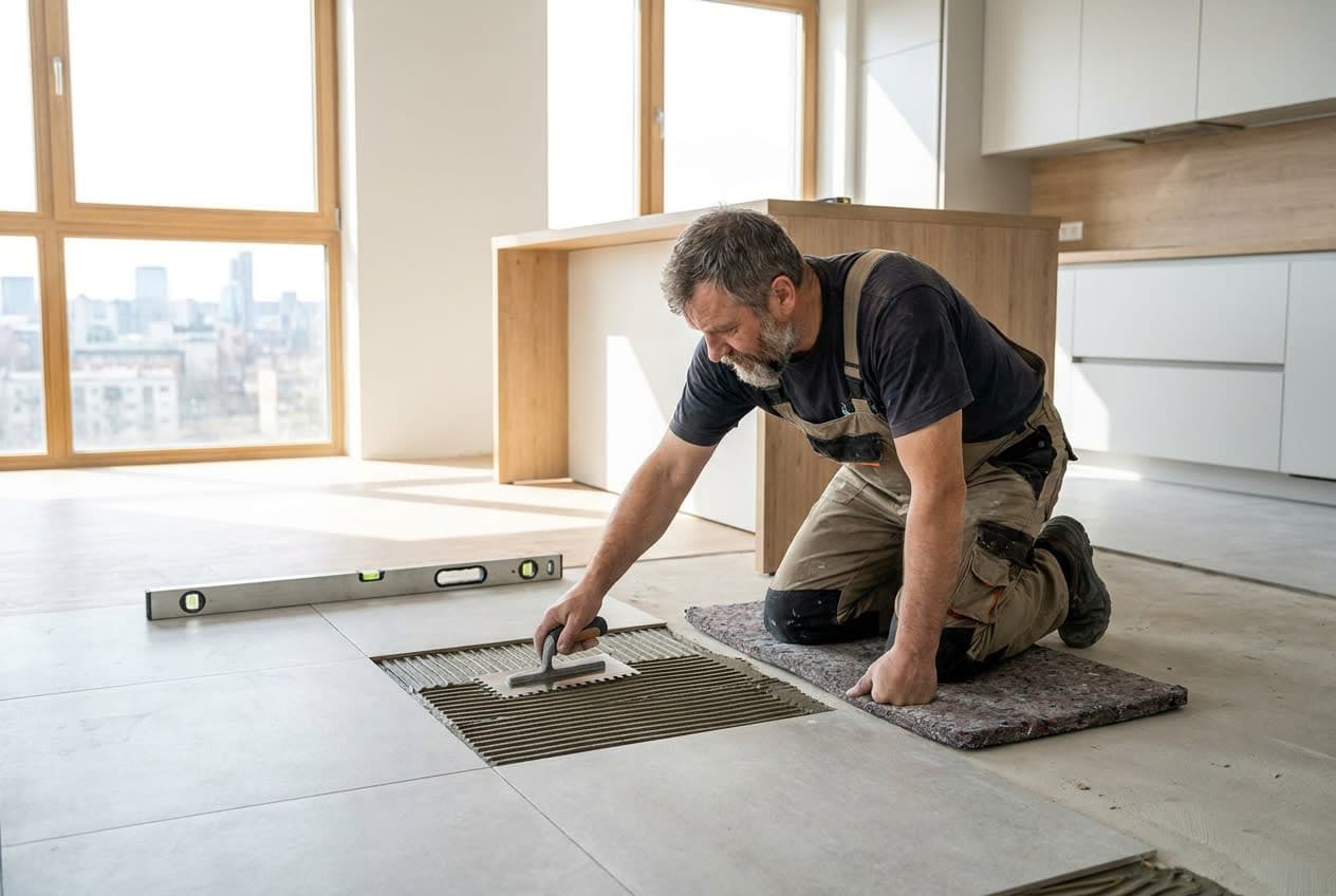 Plytelių klojėjas kloja dideles grindų plyteles šviesioje Vilniaus virtuvėje