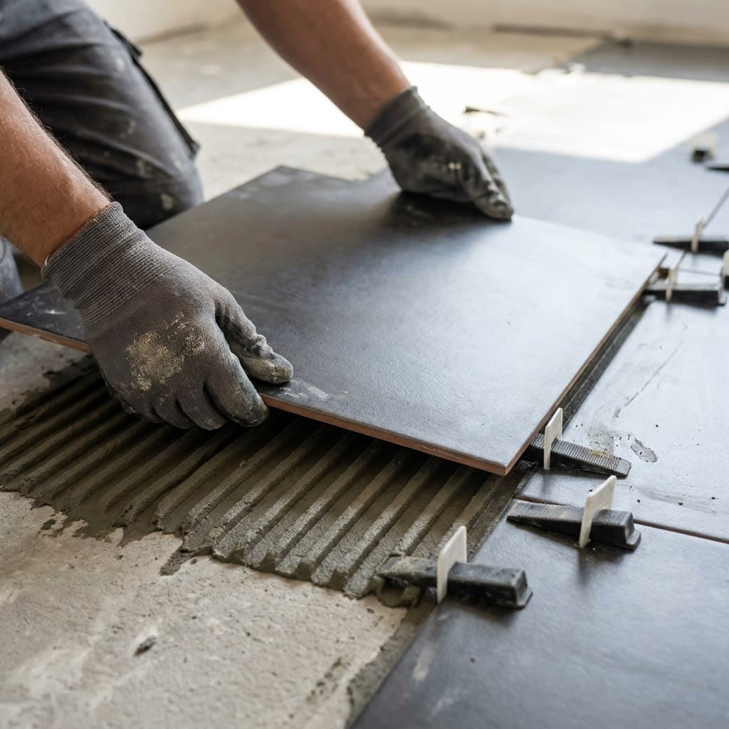 Rankos deda didelę grindų plytelę ant klijų su lyginimo spaustukais