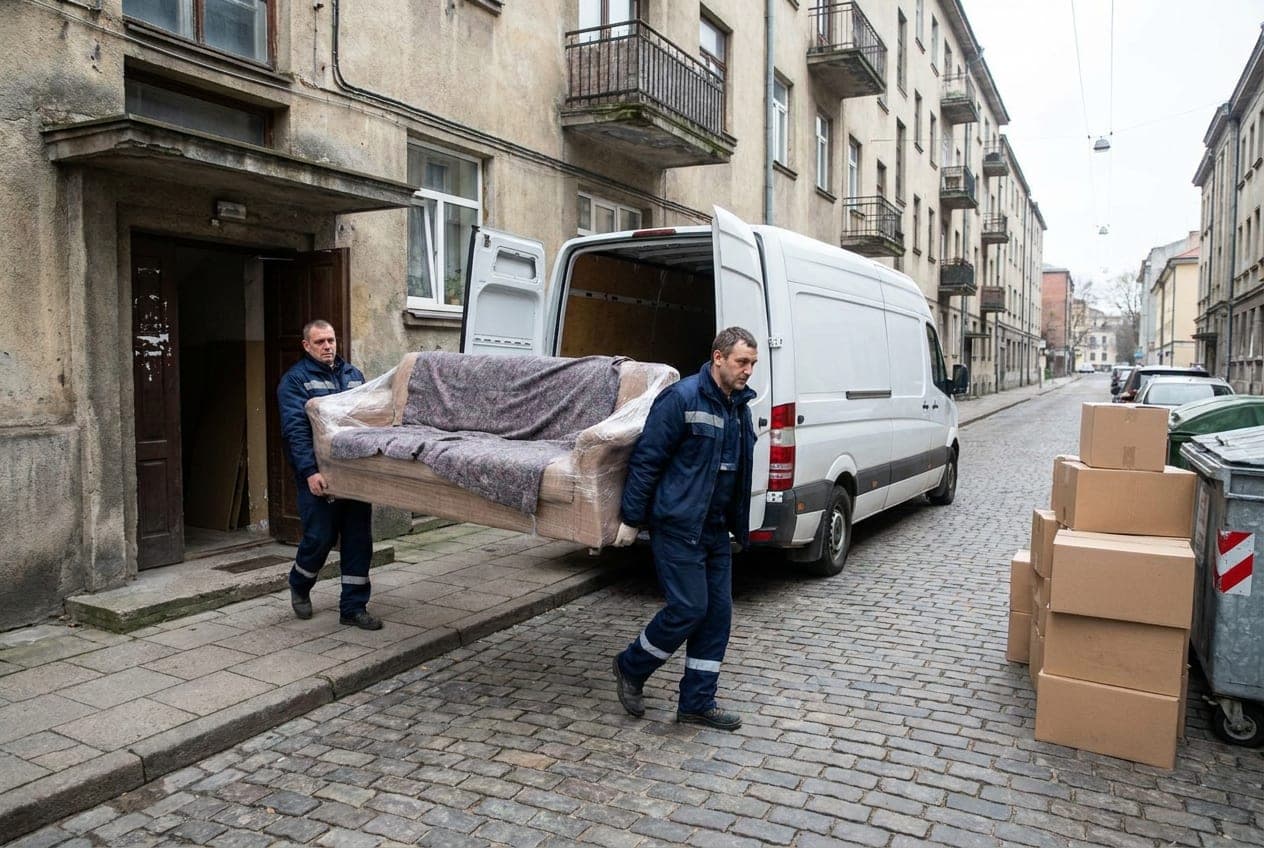 Krovėjai neša supakuotą sofą iš daugiabučio į perkraustymo furgoną Kaune