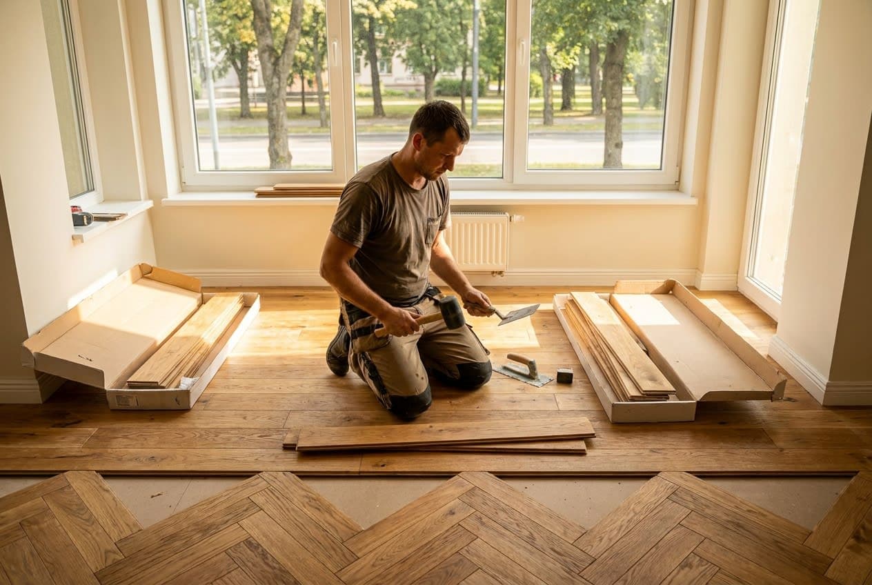 Meistras kloja natūralaus ąžuolo parketą elegantiškoje svetainėje Kaune