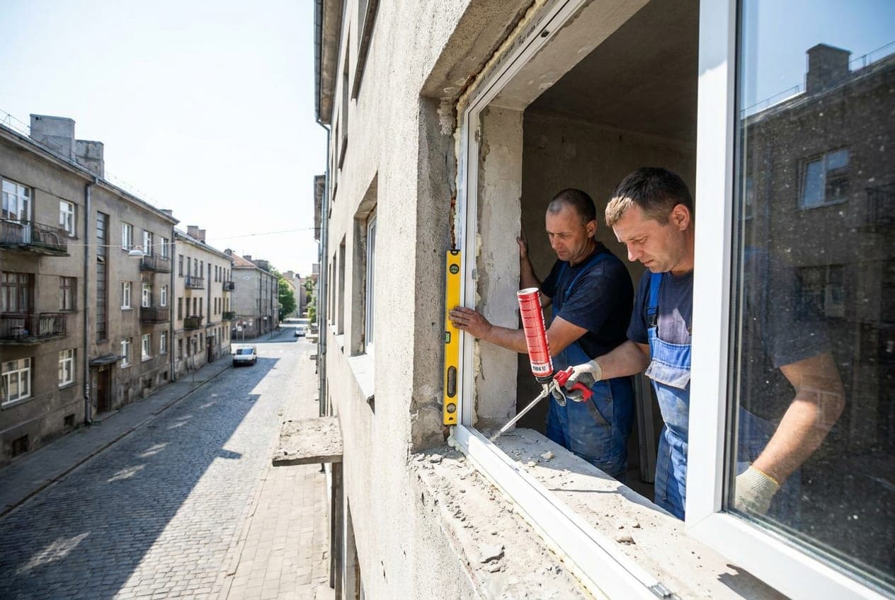 Montuotojai stato naują plastikinį langą buto angoje Kaune