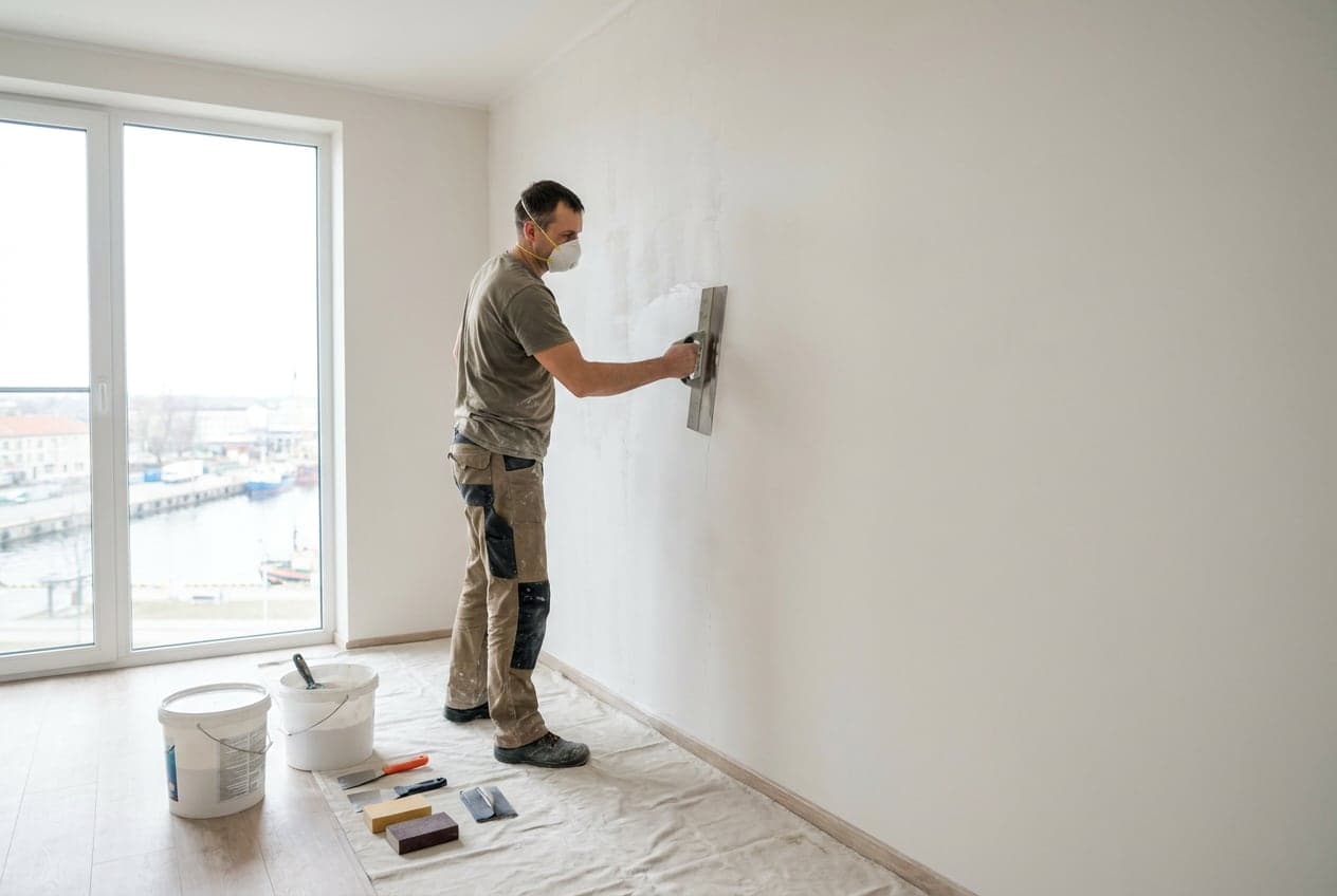 Apdailininkas lygina sieną glaistu šviesiame renovuotame Klaipėdos bute