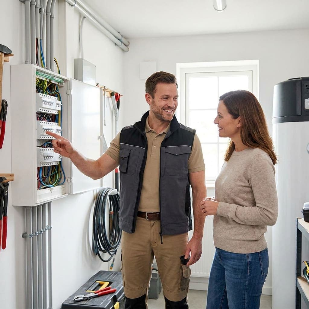 Elektrikas aiškina naujos skydinės išdėstymą namo savininkui