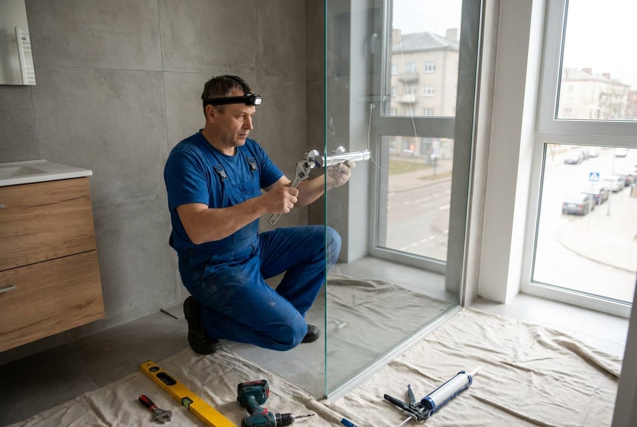Santechnikas Šiauliuose montuoja stiklinę dušo kabiną modernioje vonioje