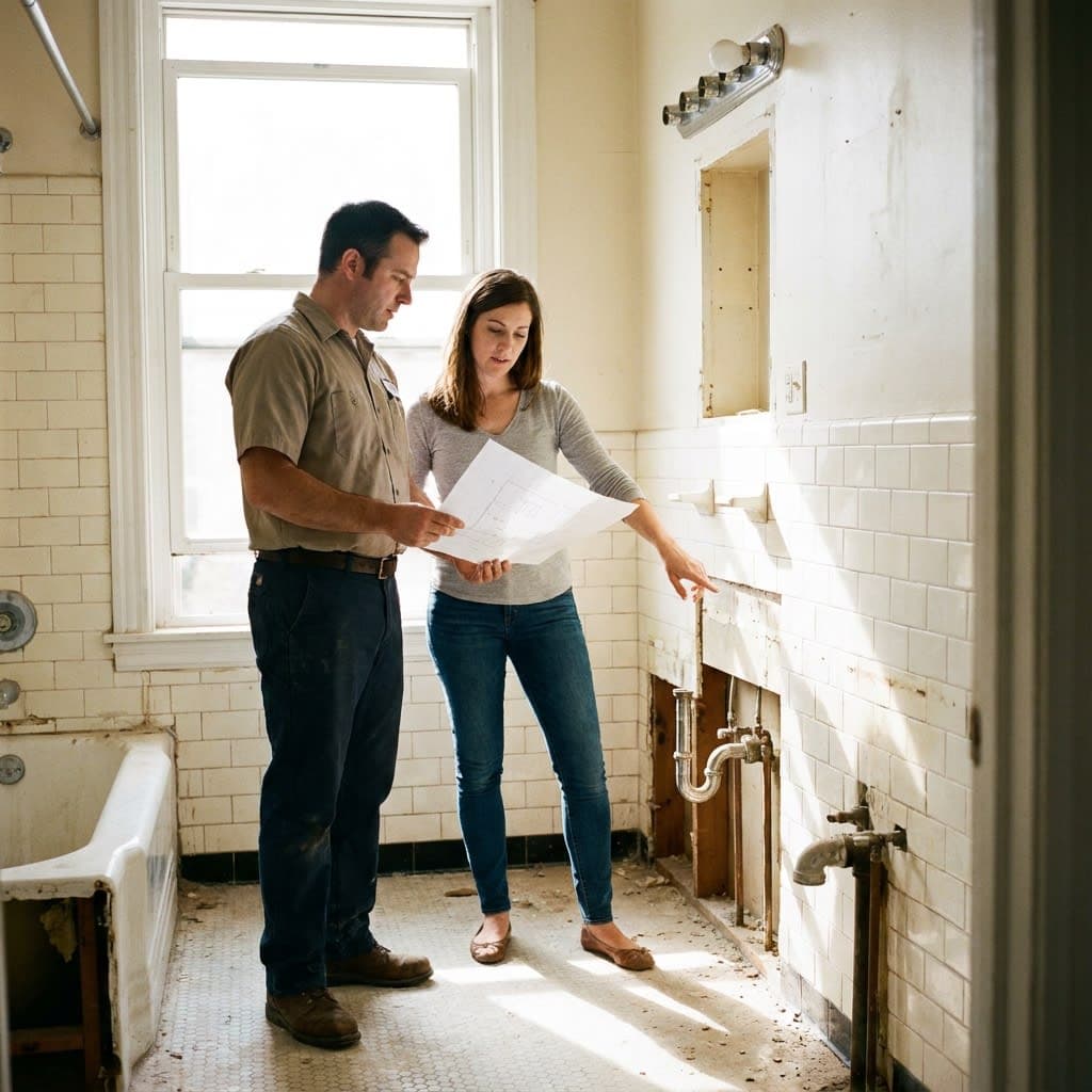 Santechnikas aptaria vonios renovacijos planą su klientu