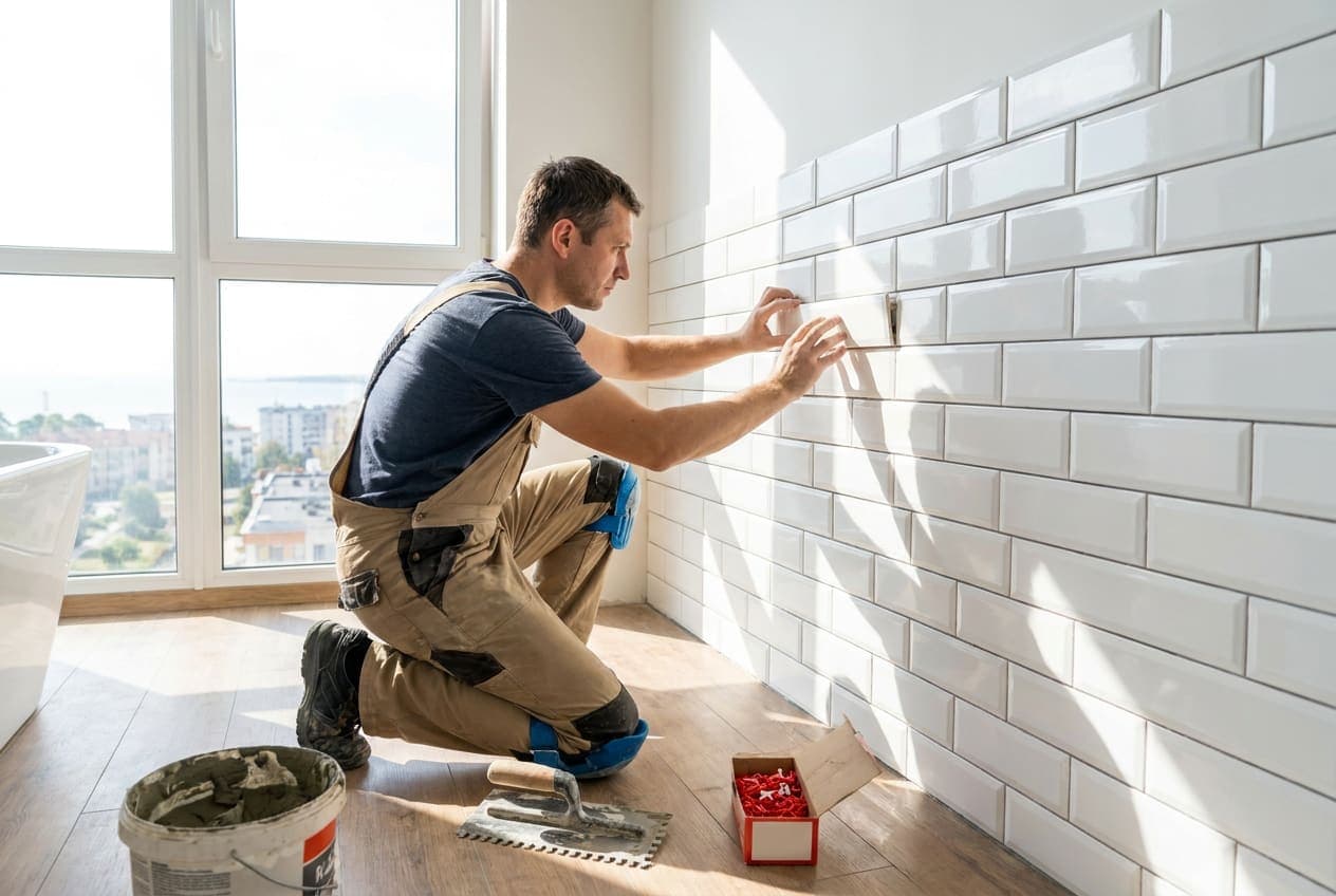 Plytelių klojėjas kloja baltas sienines plyteles modernioje Klaipėdos vonioje
